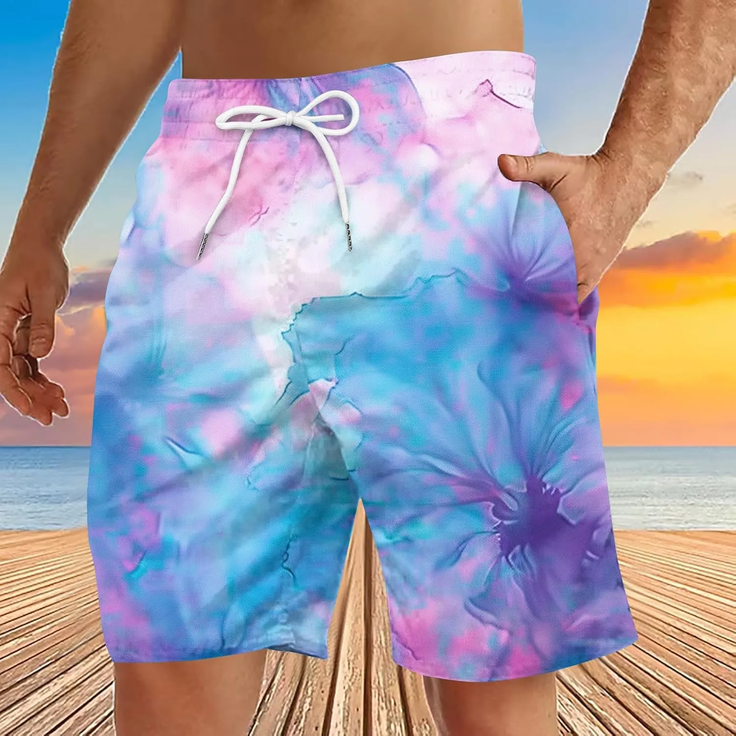 Mens Shorts Low Rise Trendy Tie Dye Summer Beach Tops Lightweight Quick Dry Beach Vacation Activewear Shorts