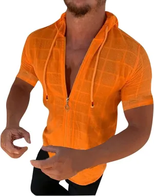 Mens Slim Fit Short Sleeve Hoodie - Summer Full Zip Swiss Dot Drawstring Hooded Cardigan Tops Casual Beach T Shirts