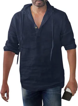 Mens Summer Baggy Cotton Linen Hooded Henley Shirts Casual Loose Beach Yoga Tops Long Sleeve M-3XL