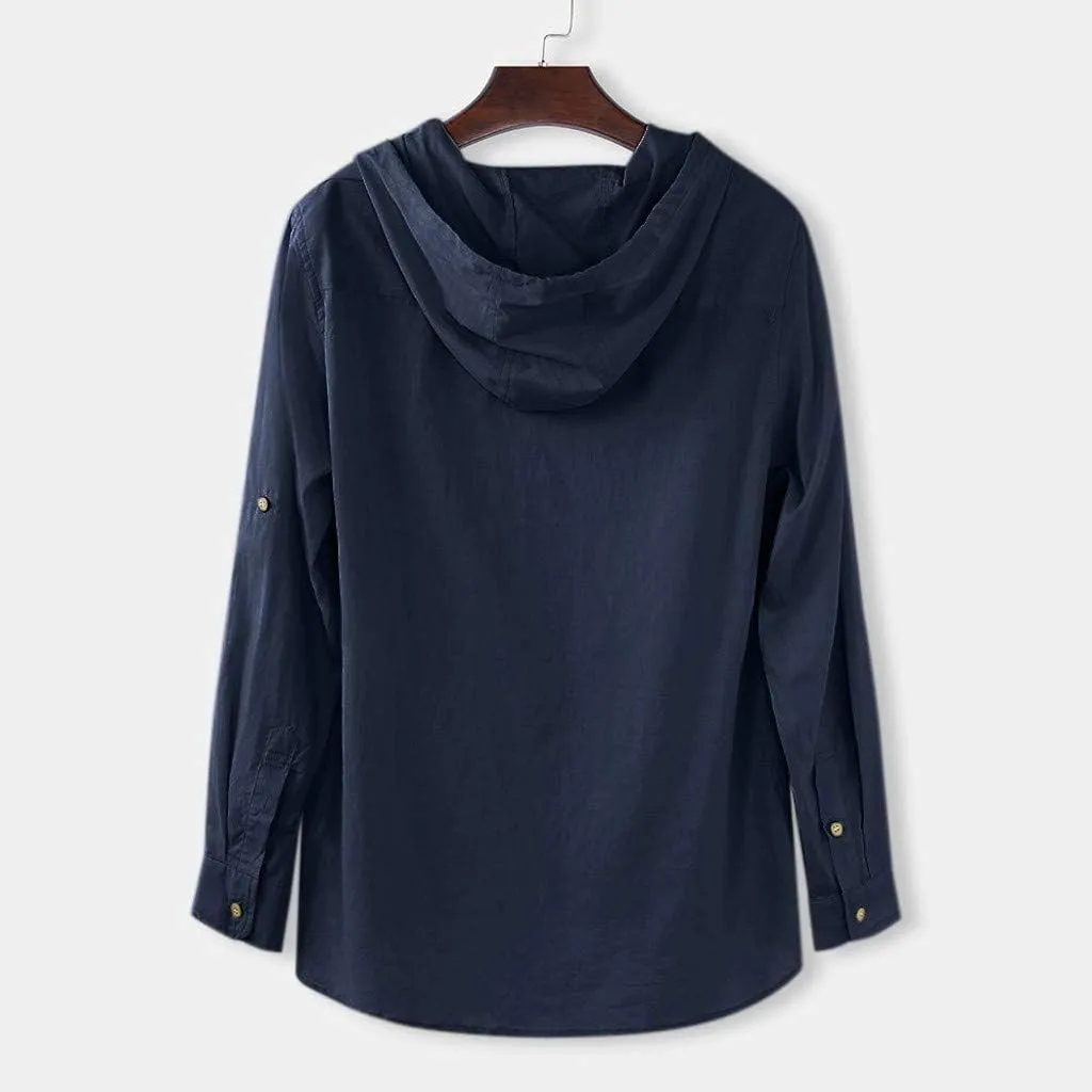 Mens Summer Baggy Cotton Linen Hooded Henley Shirts Casual Loose Beach Yoga Tops Long Sleeve M-3XL
