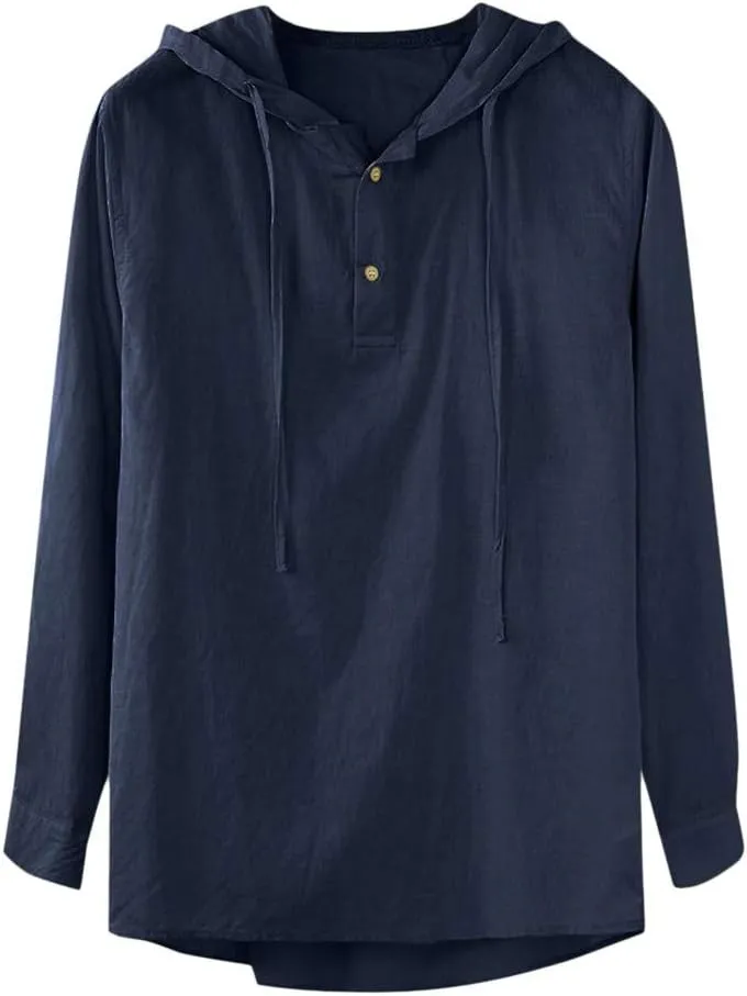 Mens Summer Baggy Cotton Linen Hooded Henley Shirts Casual Loose Beach Yoga Tops Long Sleeve M-3XL