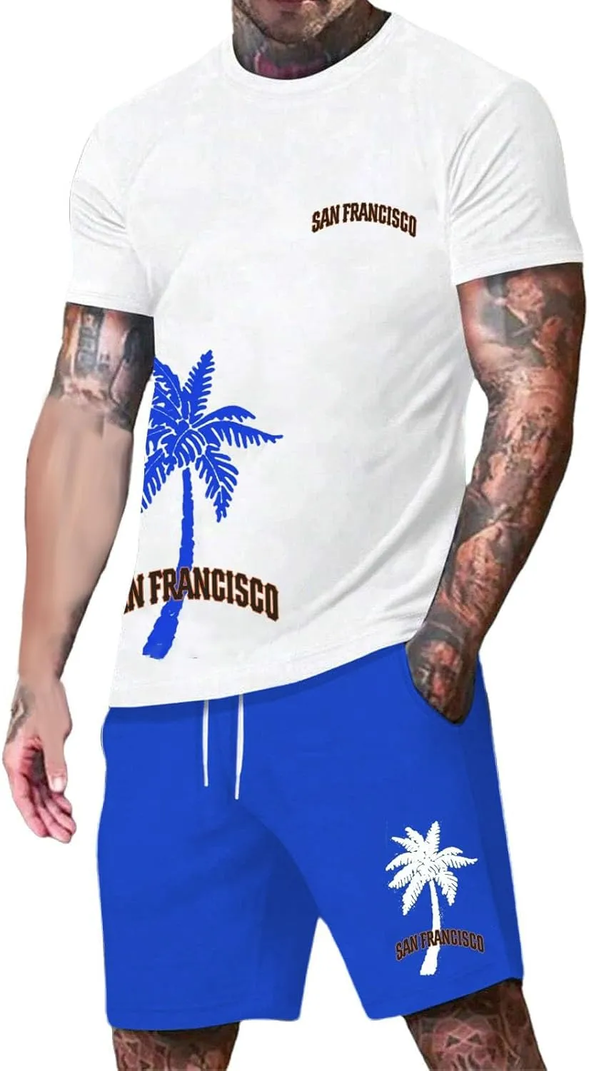 Men's Summer Beach Outfits 2 Piece Coconut Palm Printed T Shirts and Short Set Big Tall Shorts Hawaiian Sets