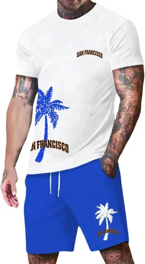 Men's Summer Beach Outfits 2 Piece Coconut Palm Printed T Shirts and Short Set Big Tall Shorts Hawaiian Sets