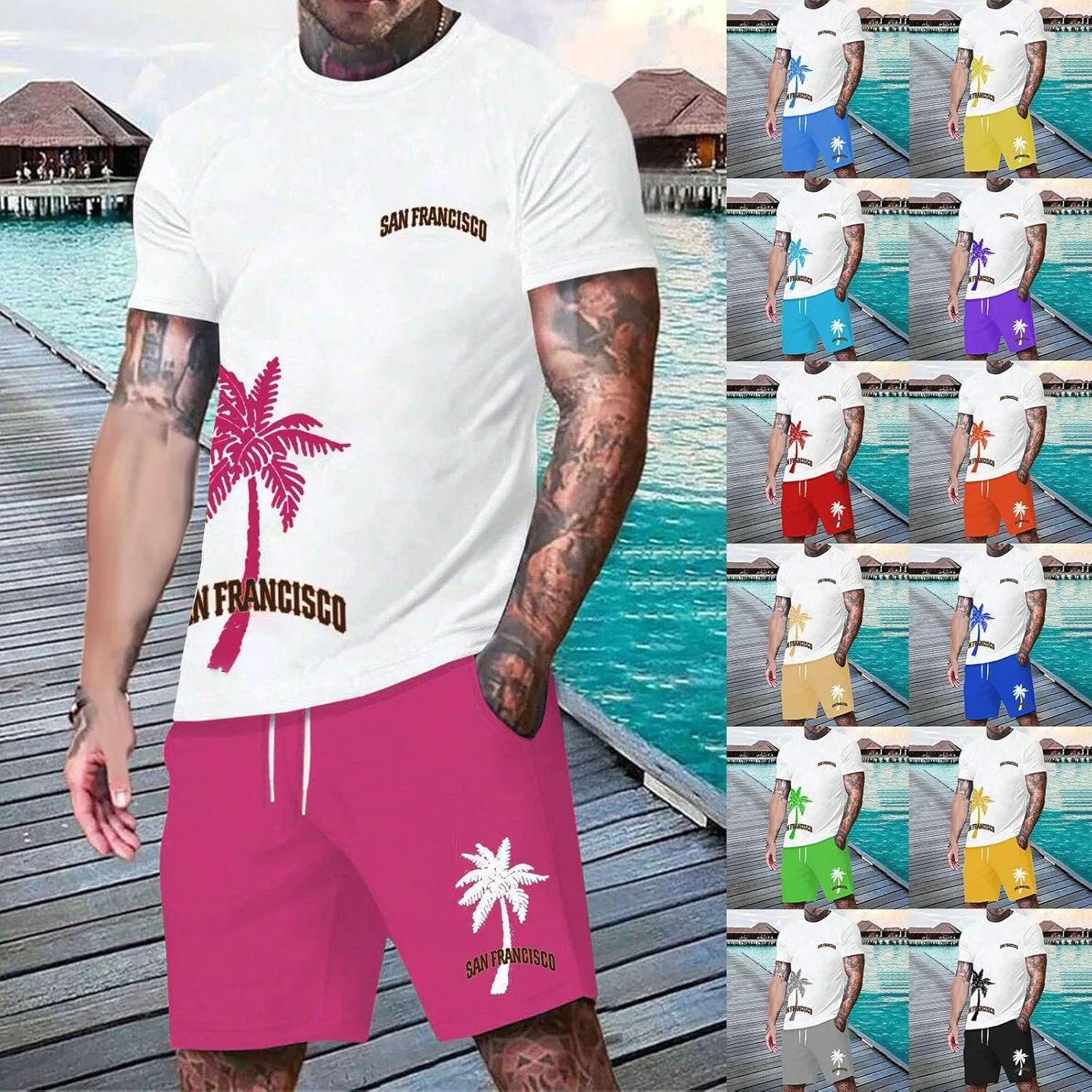 Men's Summer Beach Outfits 2 Piece Coconut Palm Printed T Shirts and Short Set Big Tall Shorts Hawaiian Sets
