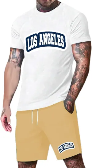 Men's Summer Beach Outfits 2 Piece Letter Printed Big and Tall Short Crewneck Shirts and Shorts Vintage Sets