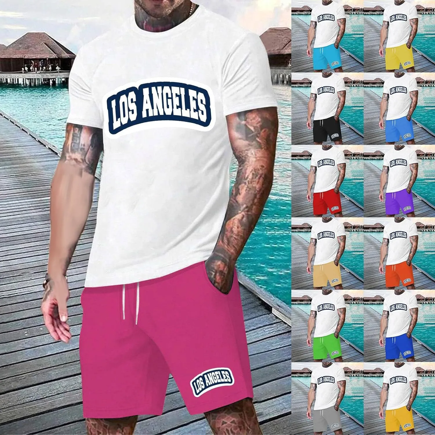 Men's Summer Beach Outfits 2 Piece Letter Printed Big and Tall Short Crewneck Shirts and Shorts Vintage Sets
