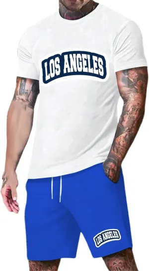 Men's Summer Beach Outfits 2 Piece Letter Printed Big and Tall Short Crewneck Shirts and Shorts Vintage Sets