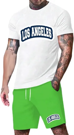 Men's Summer Beach Outfits 2 Piece Letter Printed Big and Tall Short Crewneck Shirts and Shorts Vintage Sets