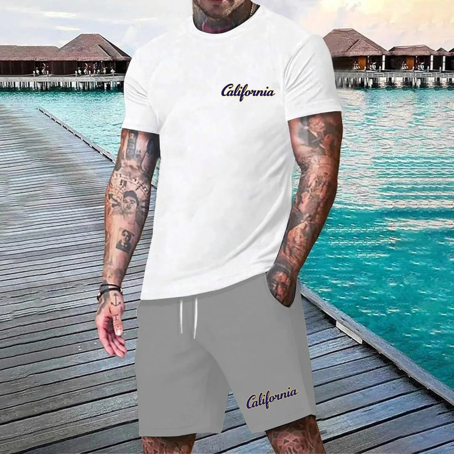 Men's Summer Beach Outfits 2 Piece Shirt Shorts Set Hawaiian Sport Big and Tall Short Sets Comfort Tracksuits