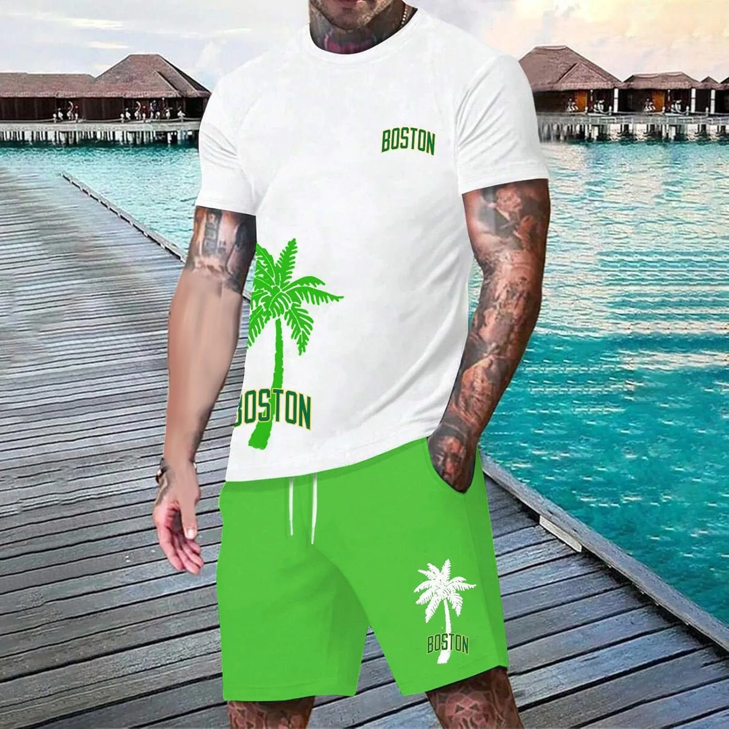 Men's Track Suits 2 Piece Set Coconut Palm Printed Short Sleeve and Shorts Sets Casual Summer Beach Sport Suit