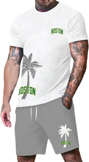 Men's Track Suits 2 Piece Set Coconut Palm Printed Short Sleeve and Shorts Sets Casual Summer Beach Sport Suit