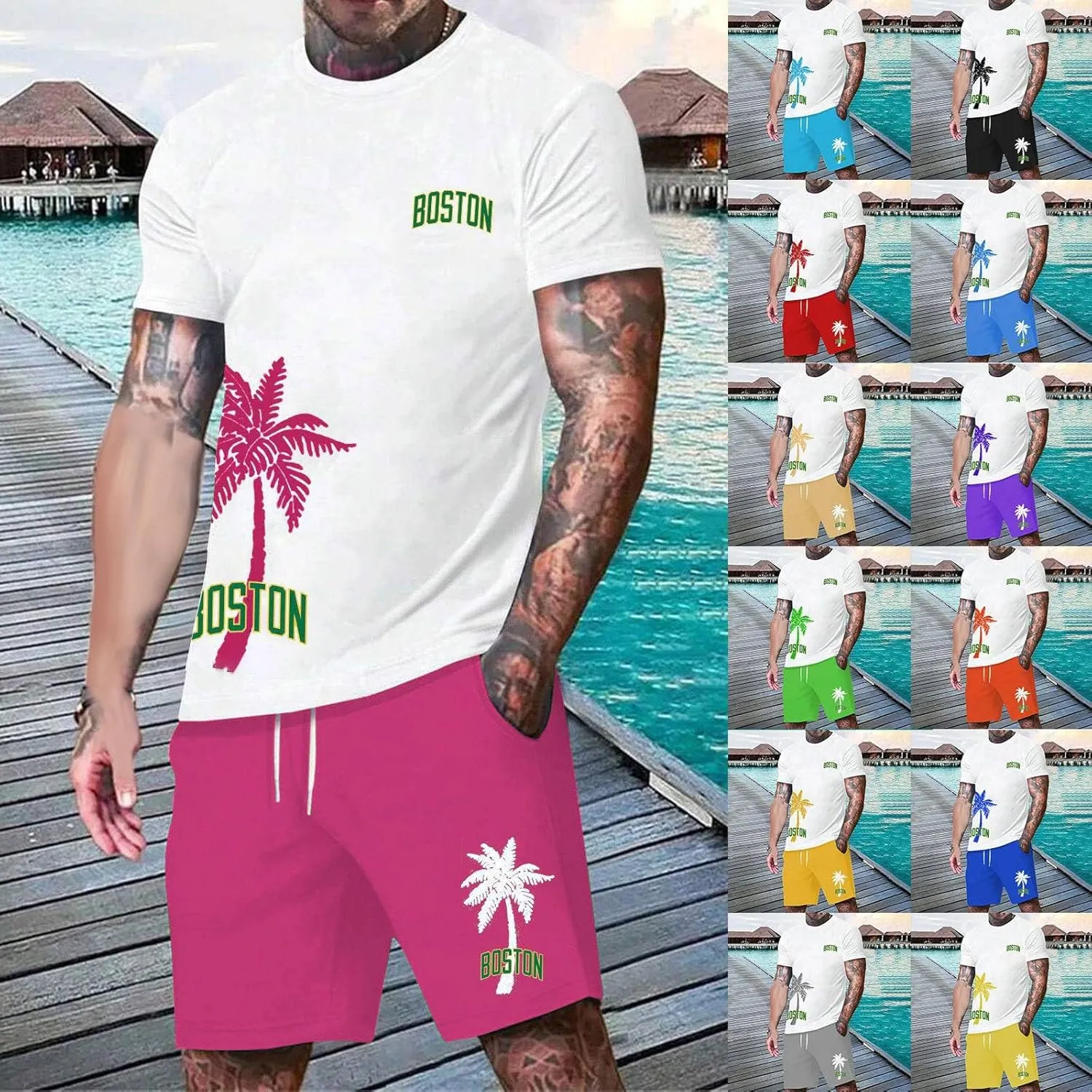 Men's Track Suits 2 Piece Set Coconut Palm Printed Short Sleeve and Shorts Sets Casual Summer Beach Sport Suit