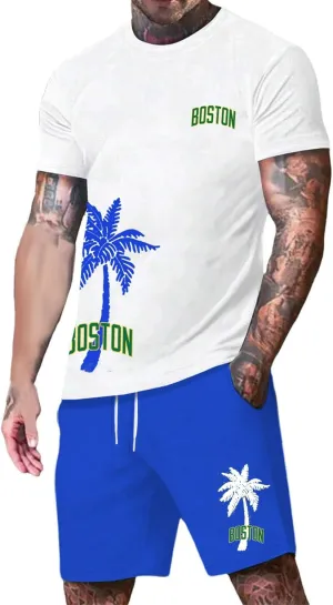 Men's Track Suits 2 Piece Set Coconut Palm Printed Short Sleeve and Shorts Sets Casual Summer Beach Sport Suit