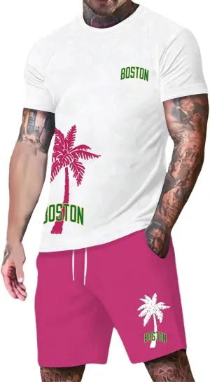 Men's Track Suits 2 Piece Set Coconut Palm Printed Short Sleeve and Shorts Sets Casual Summer Beach Sport Suit