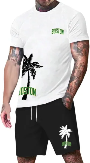 Men's Track Suits 2 Piece Set Coconut Palm Printed Short Sleeve and Shorts Sets Casual Summer Beach Sport Suit