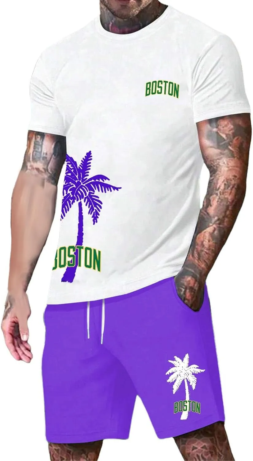 Men's Track Suits 2 Piece Set Coconut Palm Printed Short Sleeve and Shorts Sets Casual Summer Beach Sport Suit