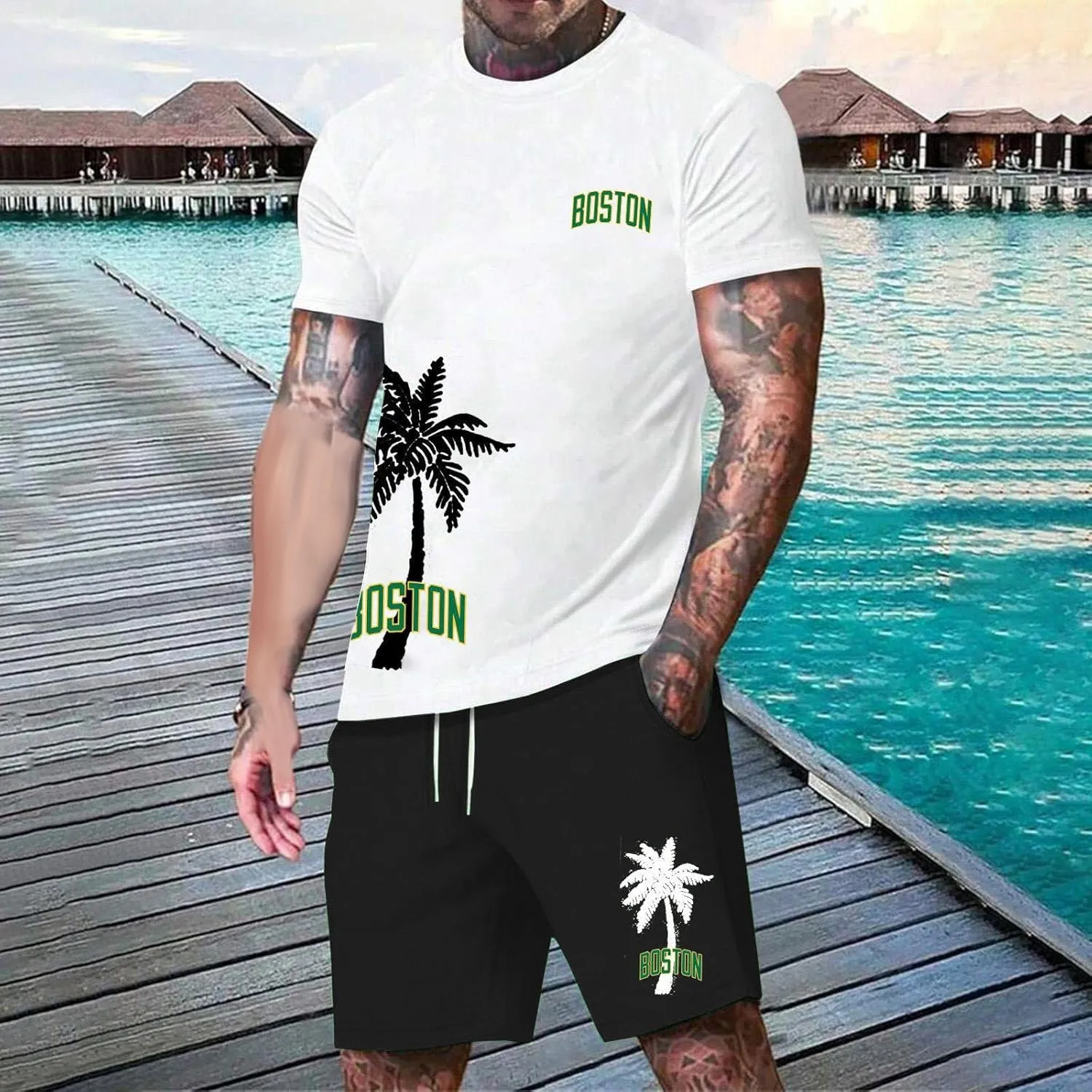 Men's Track Suits 2 Piece Set Coconut Palm Printed Short Sleeve and Shorts Sets Casual Summer Beach Sport Suit