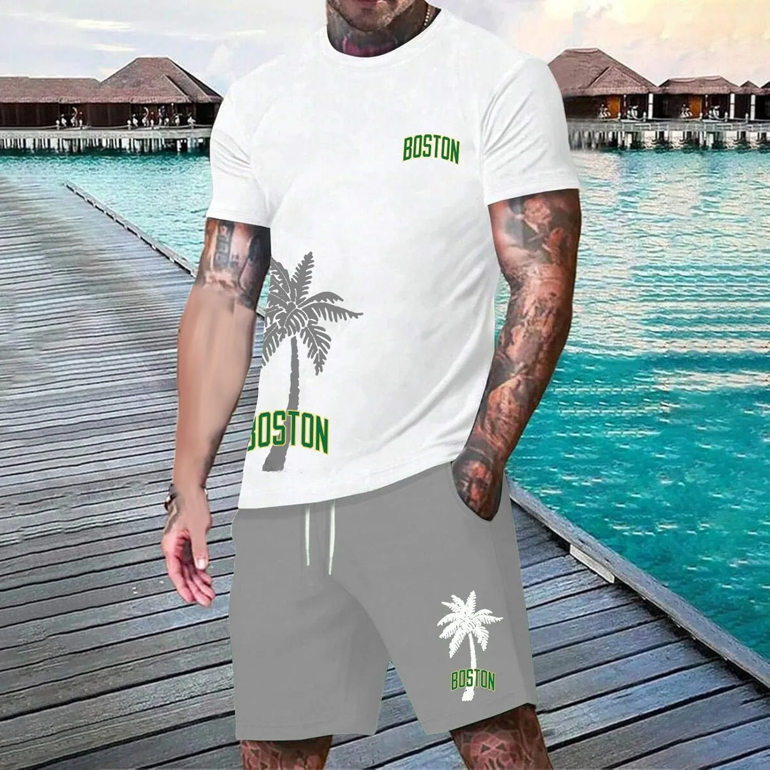 Men's Track Suits 2 Piece Set Coconut Palm Printed Short Sleeve and Shorts Sets Casual Summer Beach Sport Suit