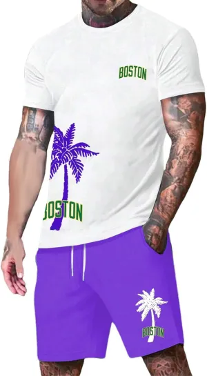 Men's Track Suits 2 Piece Set Coconut Palm Printed Short Sleeve and Shorts Sets Casual Summer Beach Sport Suit