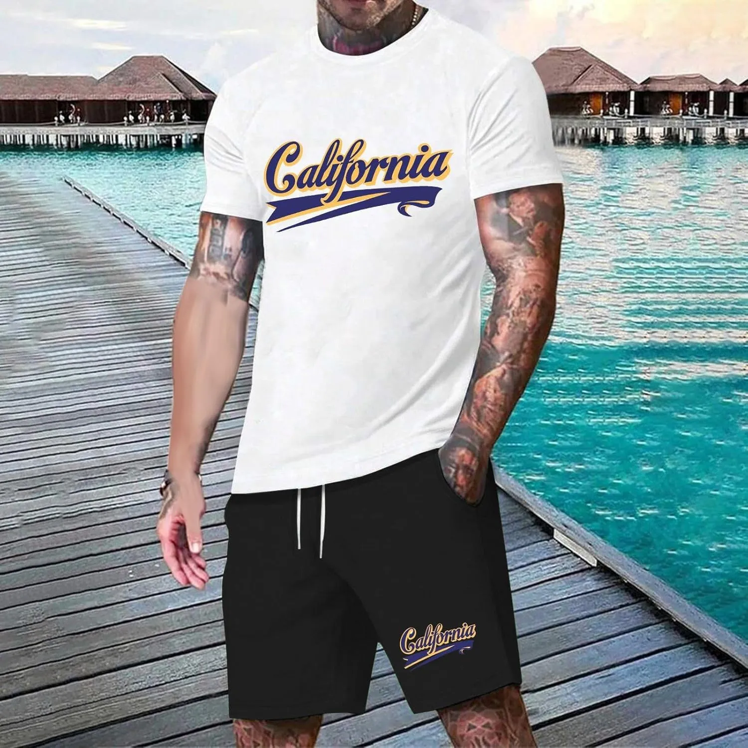 Men's Track Suits 2 Piece Set Letter Printed Short Sleeve Tops and Shorts Sets Summer Beach Drawstring Sport Suit