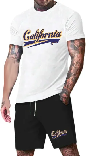 Men's Track Suits 2 Piece Set Letter Printed Short Sleeve Tops and Shorts Sets Summer Beach Drawstring Sport Suit
