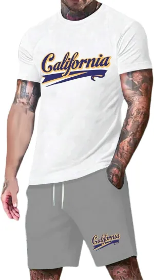 Men's Track Suits 2 Piece Set Letter Printed Short Sleeve Tops and Shorts Sets Summer Beach Drawstring Sport Suit