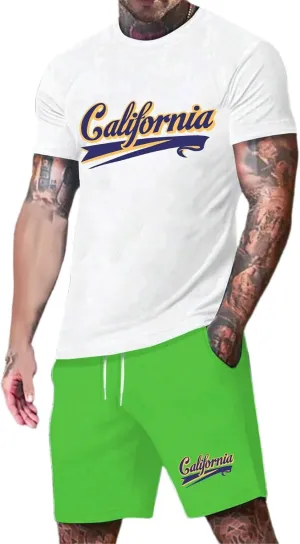 Men's Track Suits 2 Piece Set Letter Printed Short Sleeve Tops and Shorts Sets Summer Beach Drawstring Sport Suit
