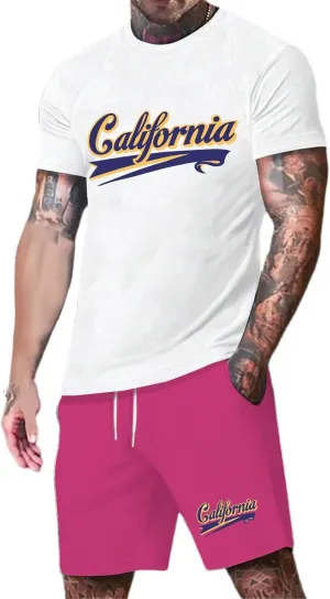 Men's Track Suits 2 Piece Set Letter Printed Short Sleeve Tops and Shorts Sets Summer Beach Drawstring Sport Suit