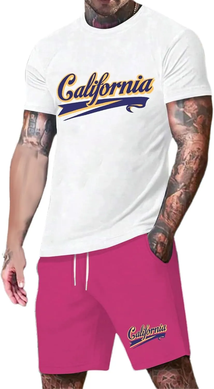 Men's Track Suits 2 Piece Set Letter Printed Short Sleeve Tops and Shorts Sets Summer Beach Drawstring Sport Suit