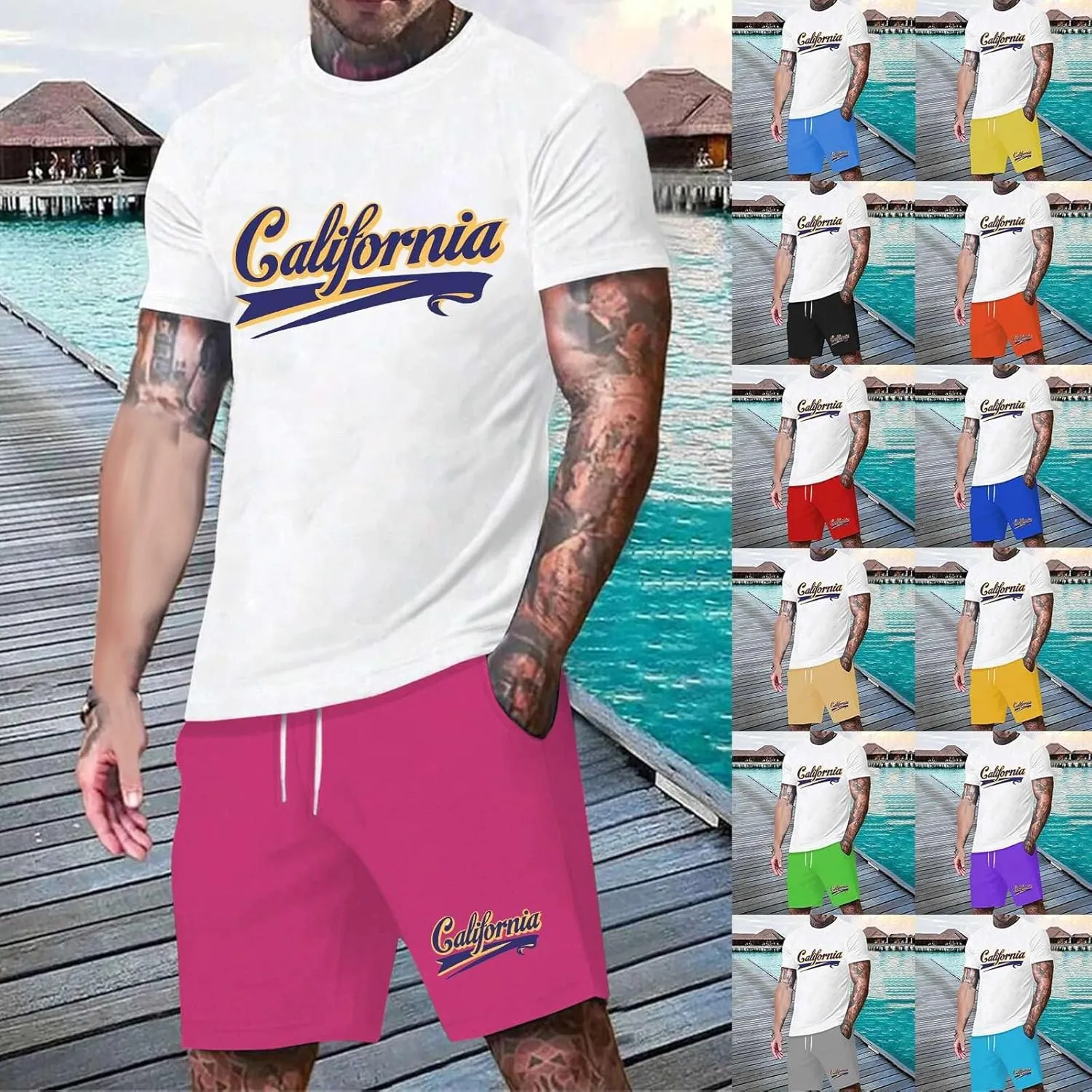 Men's Track Suits 2 Piece Set Letter Printed Short Sleeve Tops and Shorts Sets Summer Beach Drawstring Sport Suit