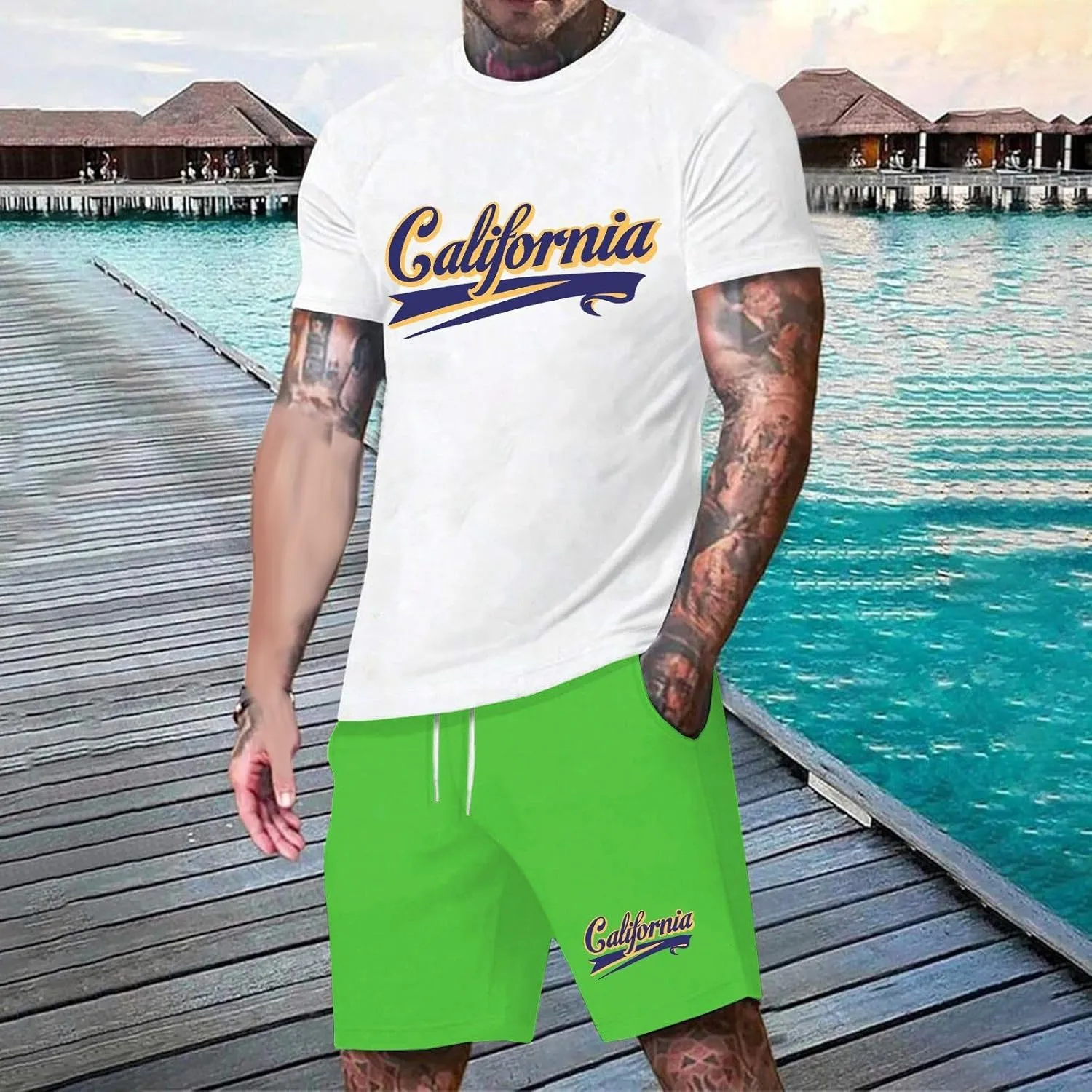 Men's Track Suits 2 Piece Set Letter Printed Short Sleeve Tops and Shorts Sets Summer Beach Drawstring Sport Suit
