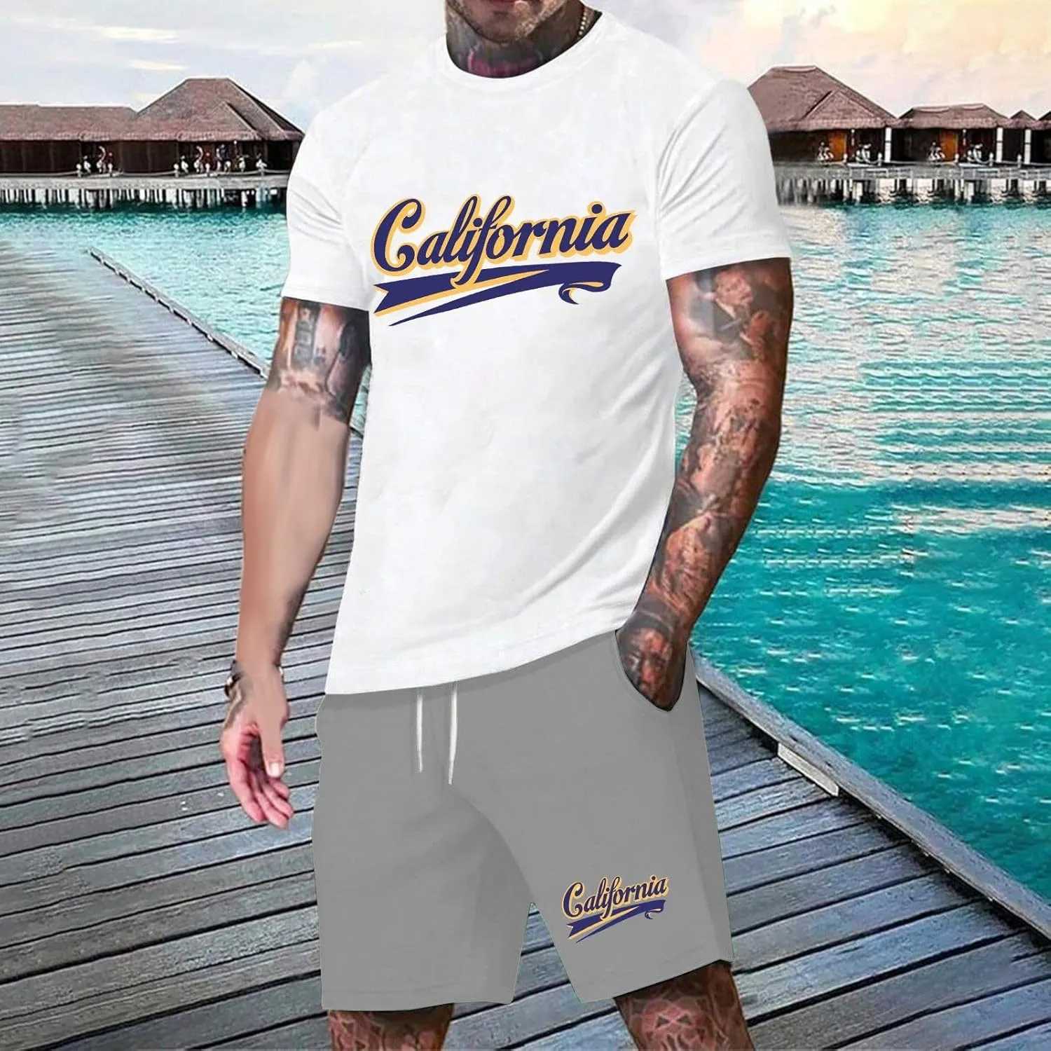 Men's Track Suits 2 Piece Set Letter Printed Short Sleeve Tops and Shorts Sets Summer Beach Drawstring Sport Suit