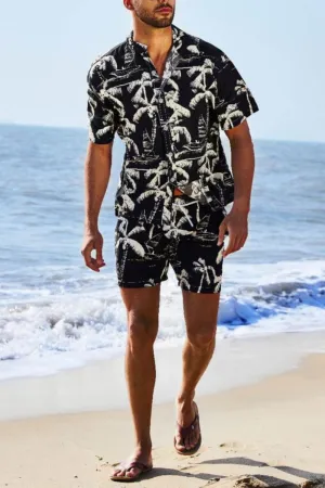 Men's Two Piece Black Coconut Print Swim Trunks with Matching Top