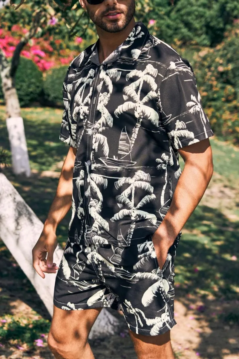Men's Two Piece Black Coconut Print Swim Trunks with Matching Top