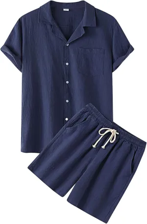 Men's Two Piece Linen Set Button Down Shirt and Shorts Casual Outfits Summer Beach Vacation Suit Tracksuit Sweatsuit