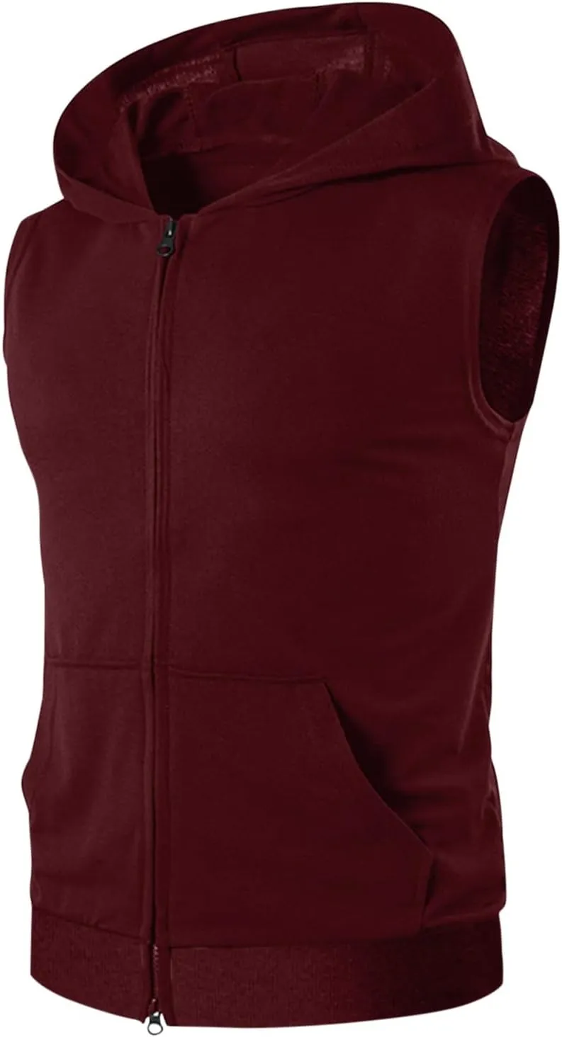 Mens Workout Hooded Tank Tops Casual Sleeveless Zip Up Gym Hoodies Quick Dry Bodybuilding Muscle Cut Off T Shirt