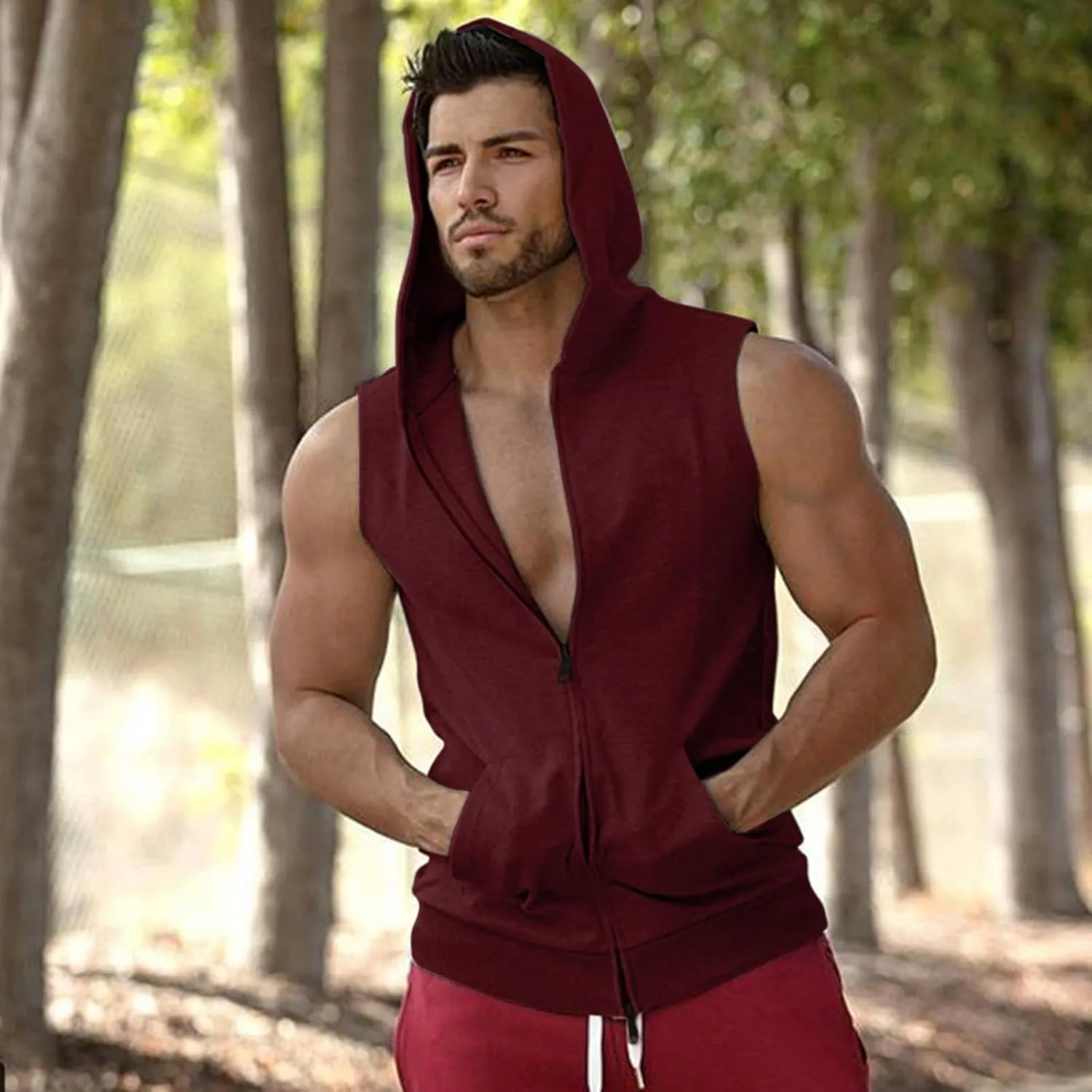 Mens Workout Hooded Tank Tops Casual Sleeveless Zip Up Gym Hoodies Quick Dry Bodybuilding Muscle Cut Off T Shirt