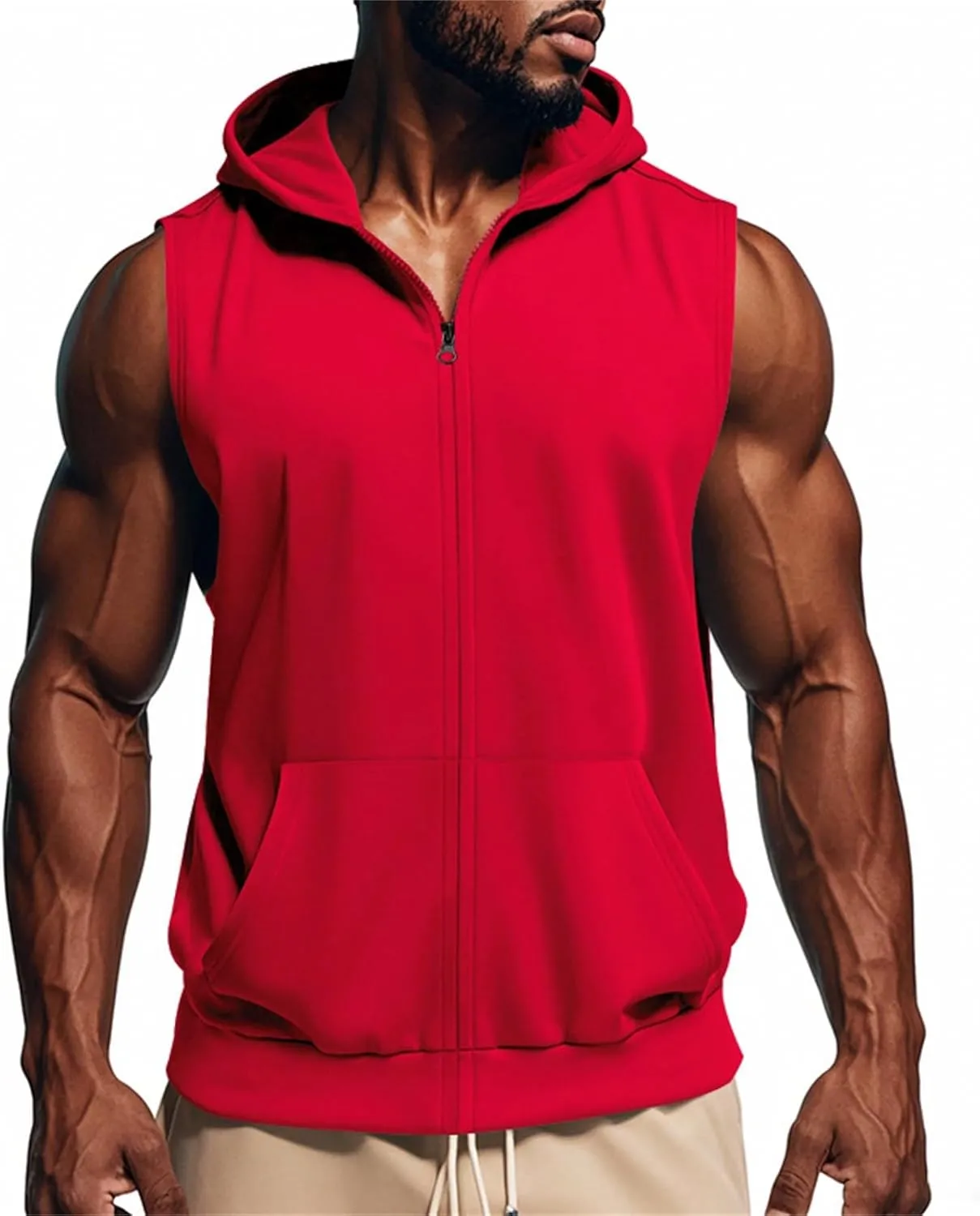 Men's Workout Hooded Tank Tops Sleeveless Bodybuilding Gym T-Shirts Full Zip Sport Fitness Training Vests Muscle Shirt