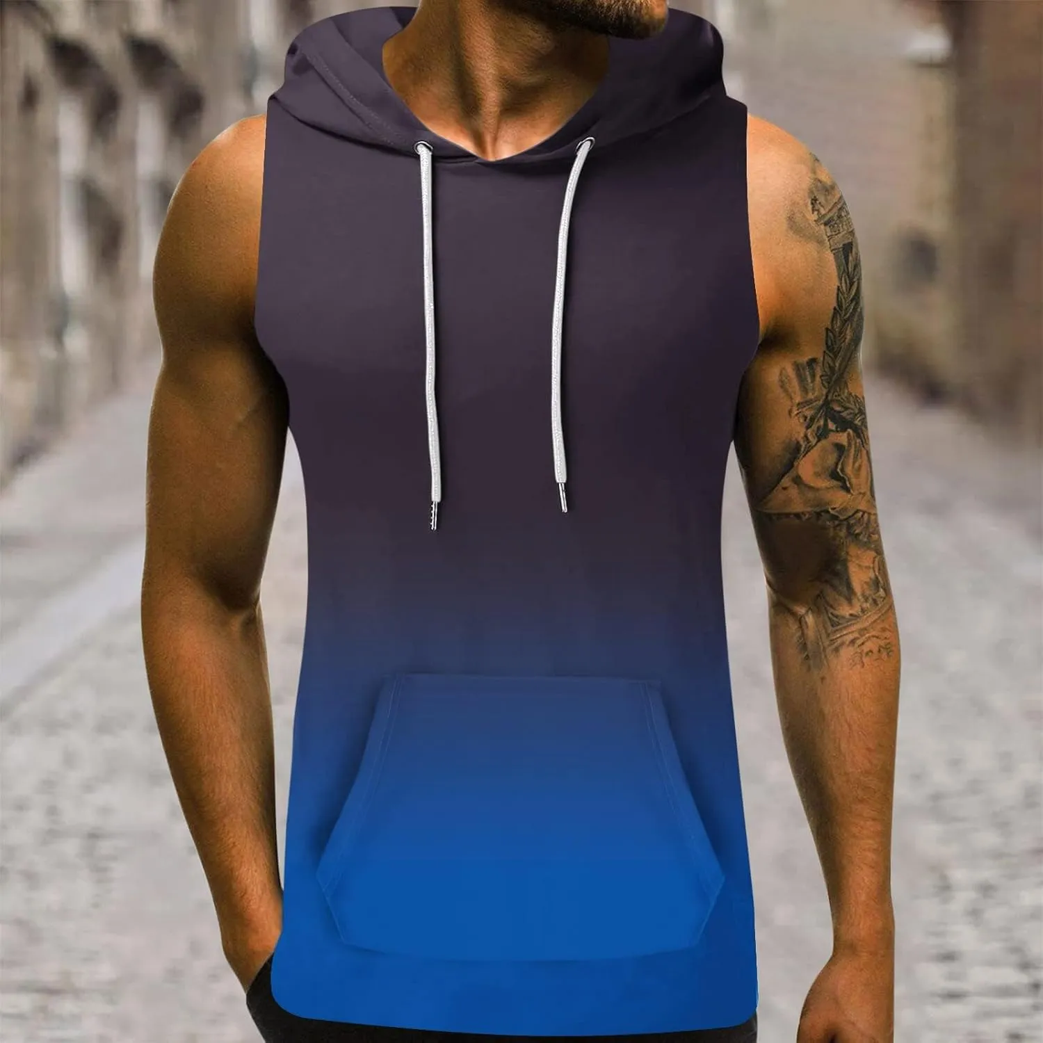 Men's Workout Hooded Tank Tops Sleeveless Gym Hoodies Bodybuilding Muscle Cut Off T Shirt Sports Training Tank Top
