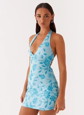 Merida Halterneck Beaded Mini Dress - Blue Detachable parts Merida Halterneck Beaded Mini Dress - Blue Gathered-Detail