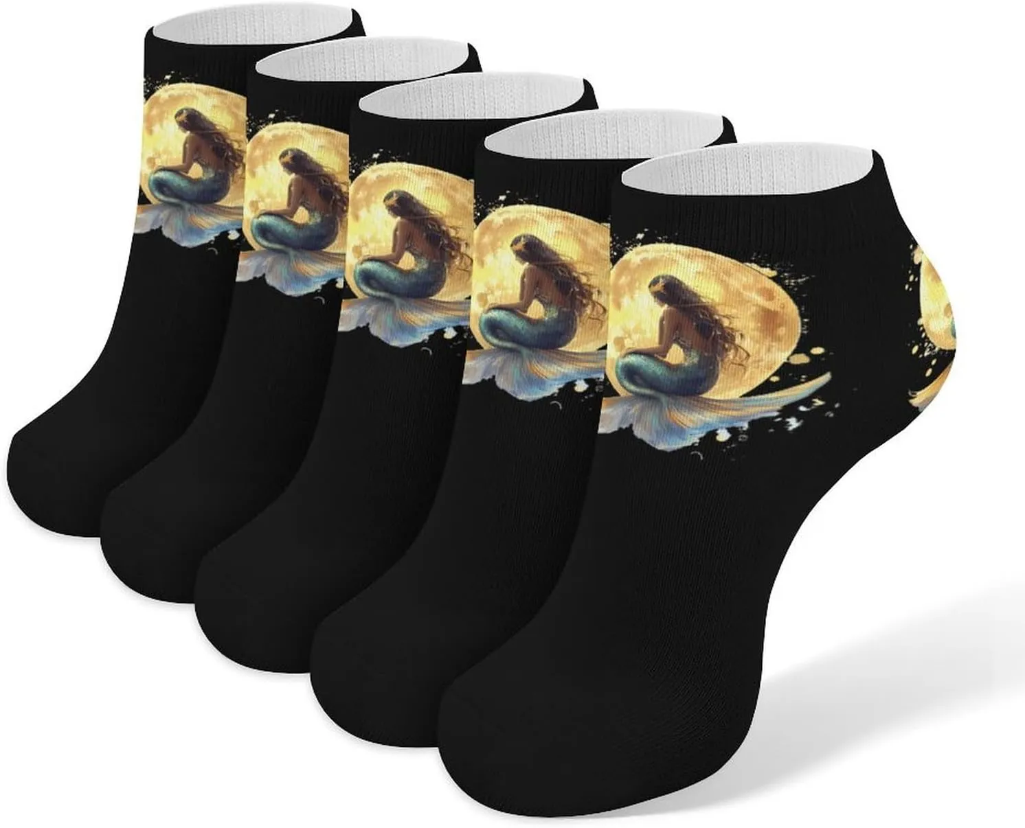 Mermaid Golden Moon 5 Pairs Unisex Activewear Ankle Socks Lightweight Low Cut And No Show Socks