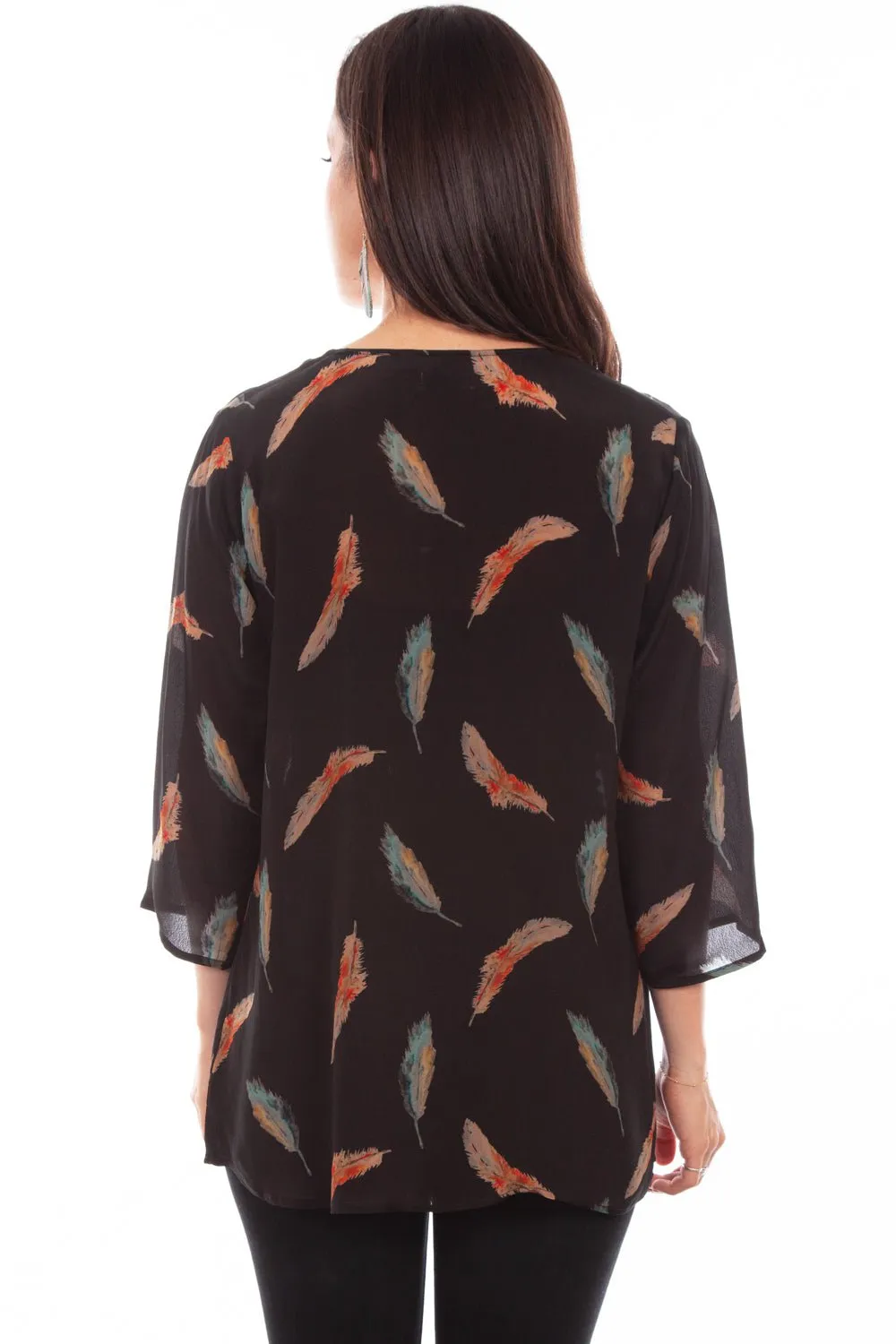 Tropical theme Scully Womens Black Rayon Feather V-Neck S/S Blouse