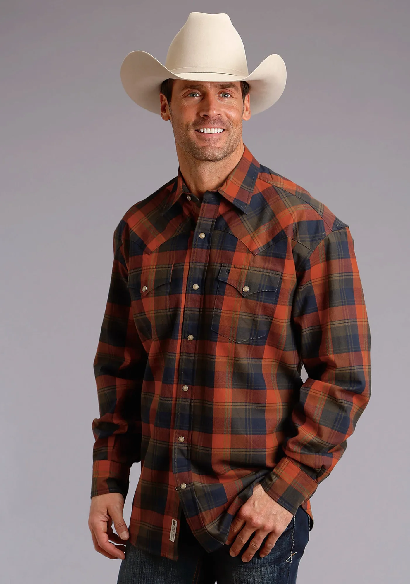 Stetson Mens Orange 100% Cotton Harvest Plaid L/S Shirt Petite Option Year-Round Wear