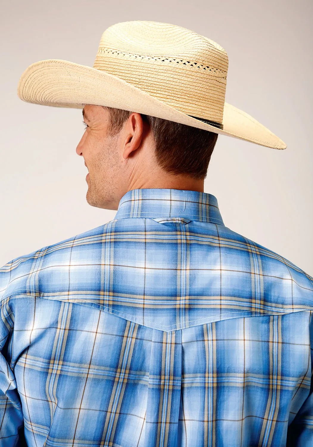 Casual Comfort Ultra Soft Interior Roper Mens Cornflower Plaid Blue 100% Cotton L/S Shirt