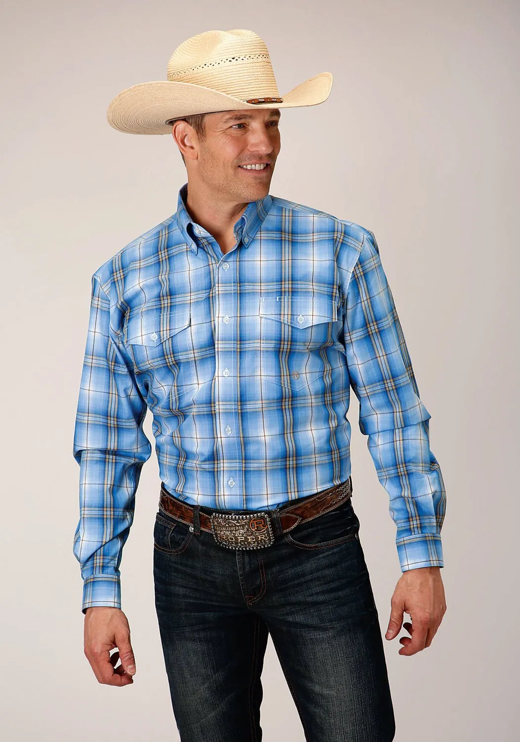 Roper Mens Cornflower Plaid Blue 100% Cotton L/S Shirt Recycled Polyester Blend Lounge Wear