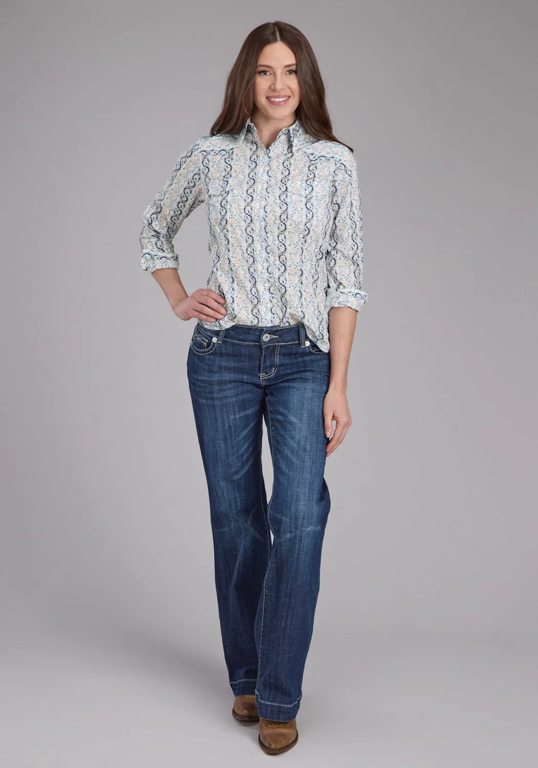 Classic Collar Fitted Silhouette Roper Womens 2429 Paisley Trellis Blue Cotton Blend L/S Shirt