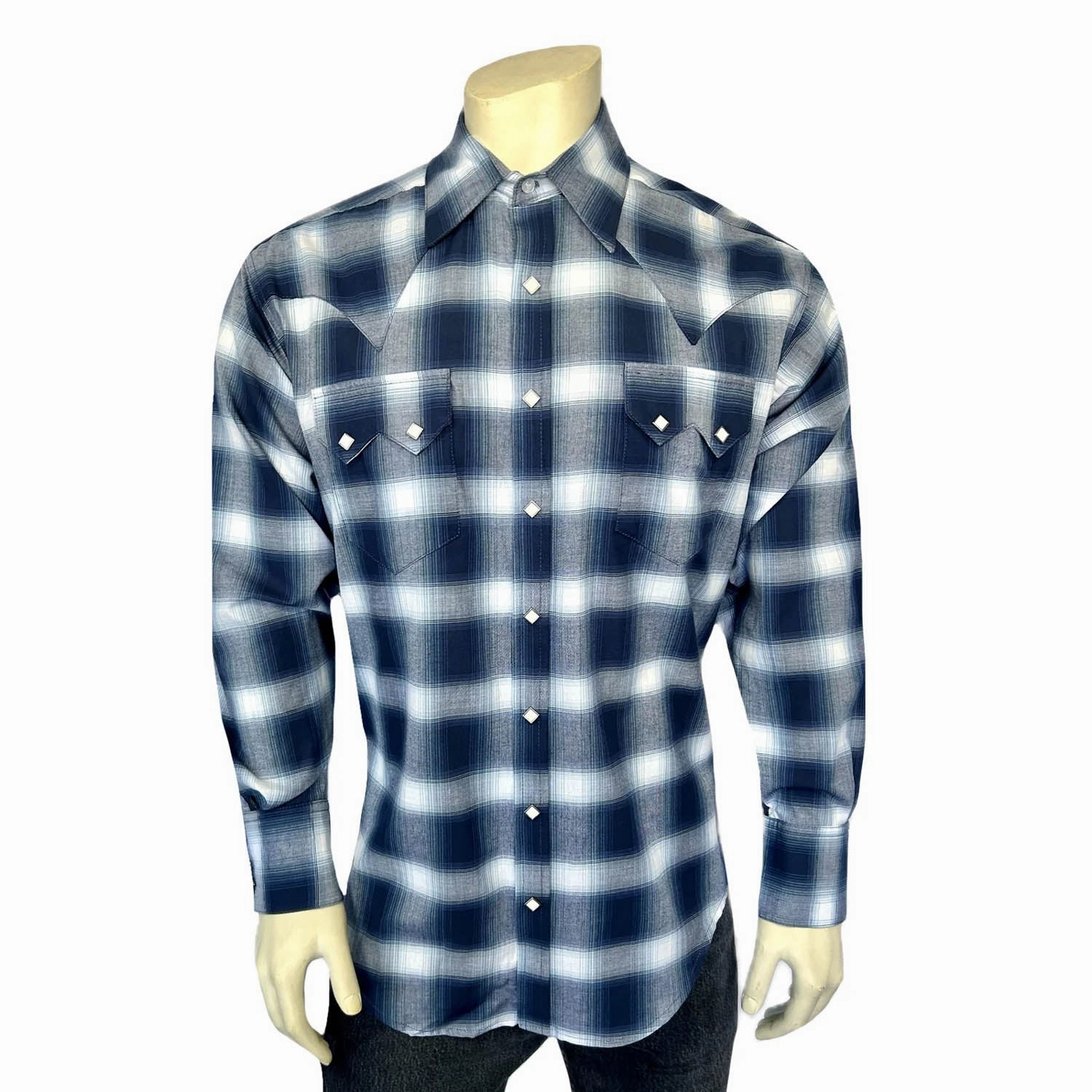 Rockmount Mens Shadow Plaid Western Blue/White 100% Cotton L/S Shirt Sophisticated Elegance