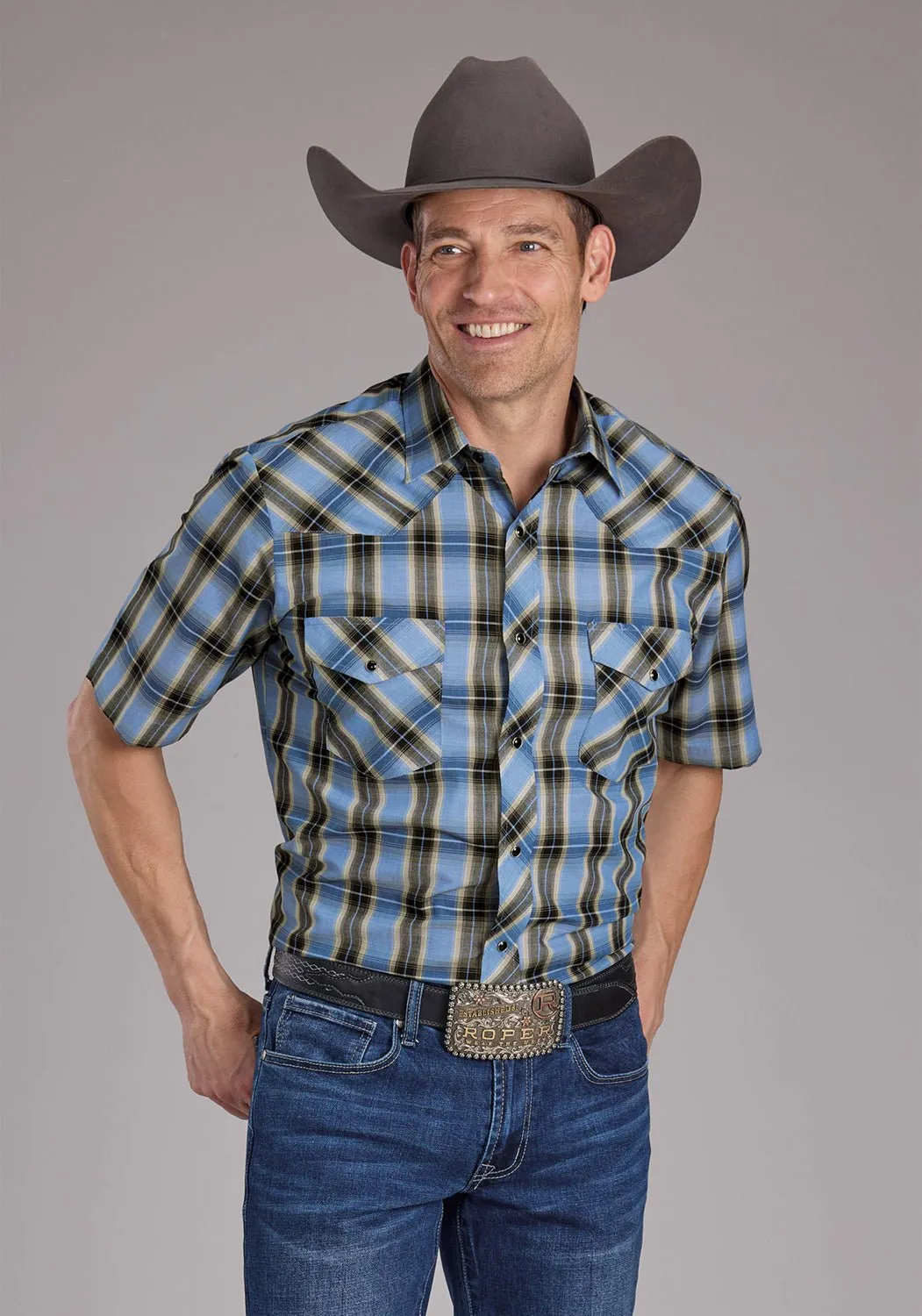 Roper Mens 2412 Plaid Blue/Brown Cotton Blend S/S Shirt All day wearability Sports Ready