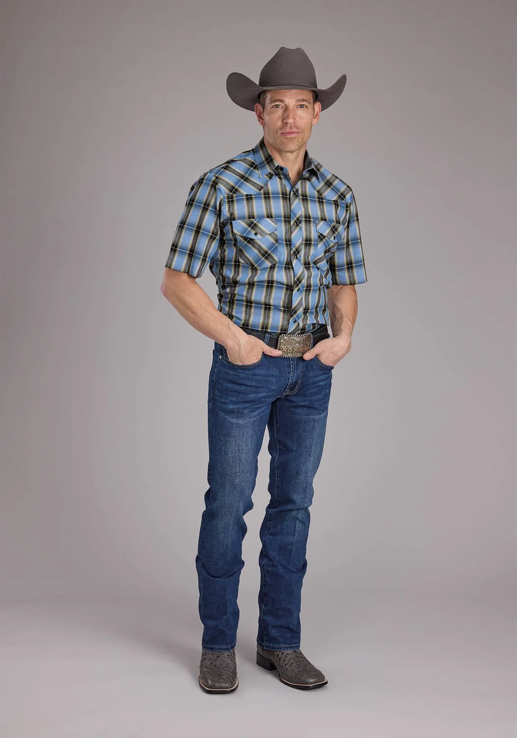 Short Sleeve Roper Mens 2412 Plaid Blue/Brown Cotton Blend S/S Shirt