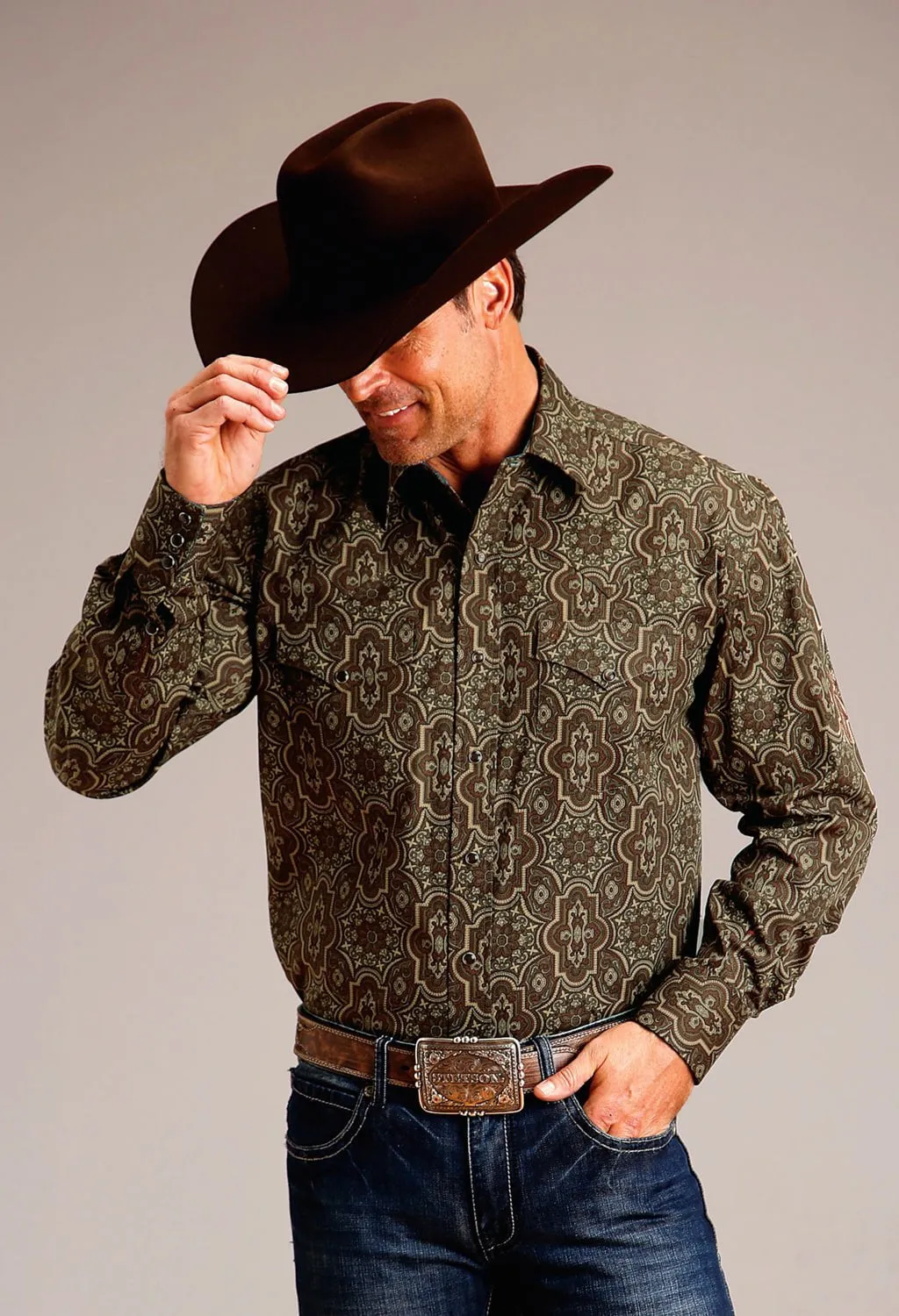 Fashion Comfort Workwear Essential Stetson Mens Grandiose Paisley Brown 100% Cotton L/S Shirt